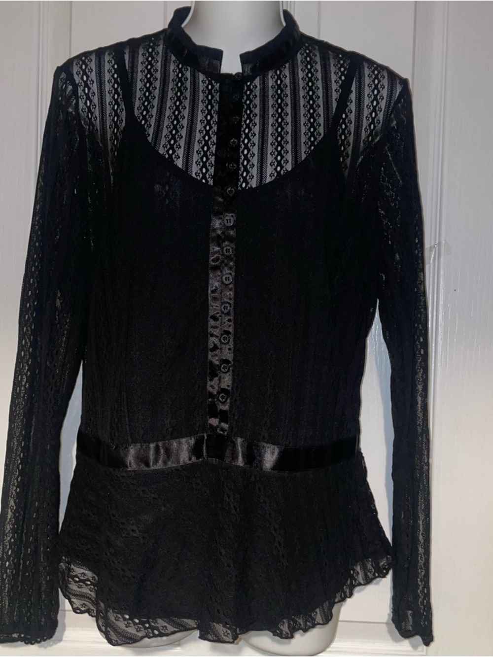 INC International Concepts Black Lace Long Sleeve Peplum Blouse - Picture 2 of 9